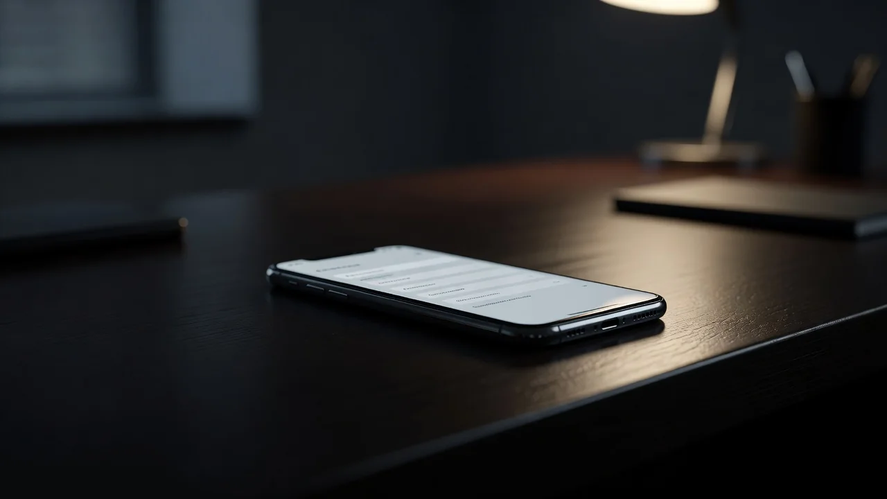 Schermo di smartphone con modulo di registrazione sfocato su scrivania scura