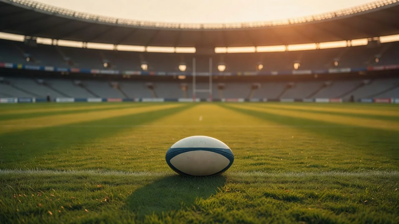 Pallone ovale da rugby appoggiato sul prato di uno stadio al tramonto